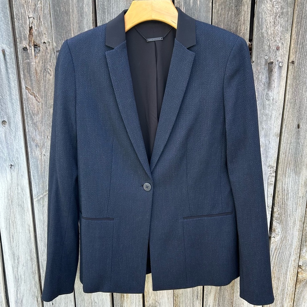 Elie Tahari Single Button Tweed Blazer Viscose Polyester Navy Blue 6